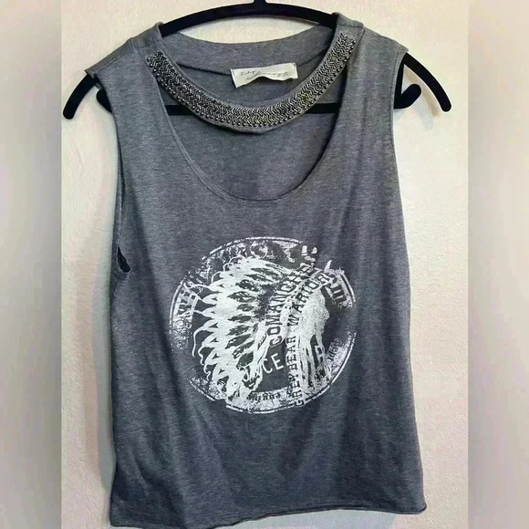 Vintage Havana Womens TANK Small Gray Nickel Bead Cut Out Graphic Tribal Cotten - Picture 2 of 3